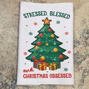 Christmas Tree Kitchen Towel. Stressed Blessed & Christmas Obsessed